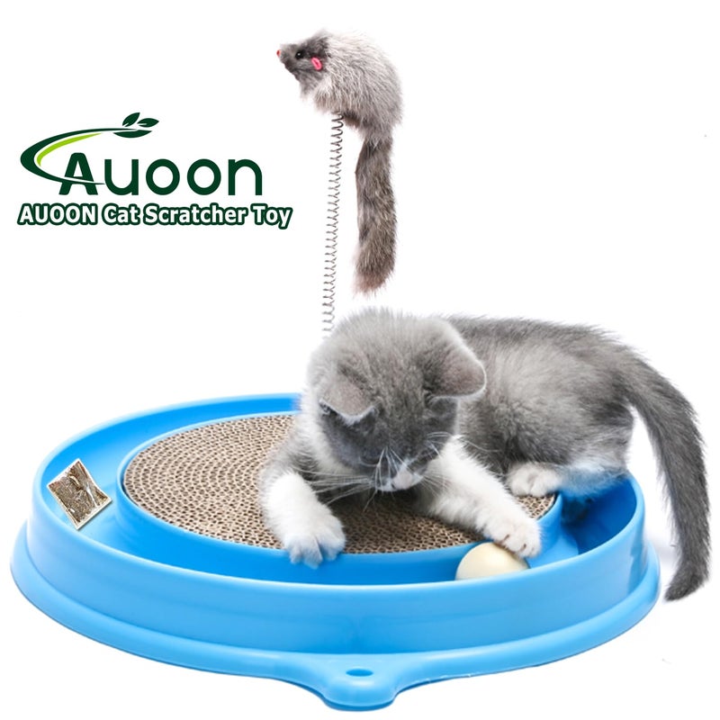 AUOON Cat Scratcher Toy - Cat Scratch Pad with Cat Toy Ball Track and Plush Mouse Toy for Indoor Cats and Kittens (Blue) - Image 2